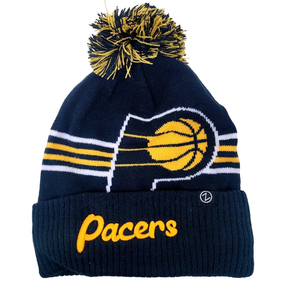 Indiana Pacers NBA Embroidered‎ Knit Beanie Pom Hat Black Yellow NWT